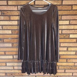 Easel Medium Brown Velvet Ruffle Hem Long Sleeve Shift Mini Dress